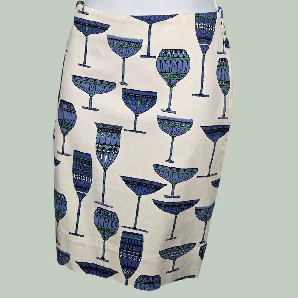 Talbots Women 14P Pencil Skirt Cocktail Glass Print Novelty White Blue Petite